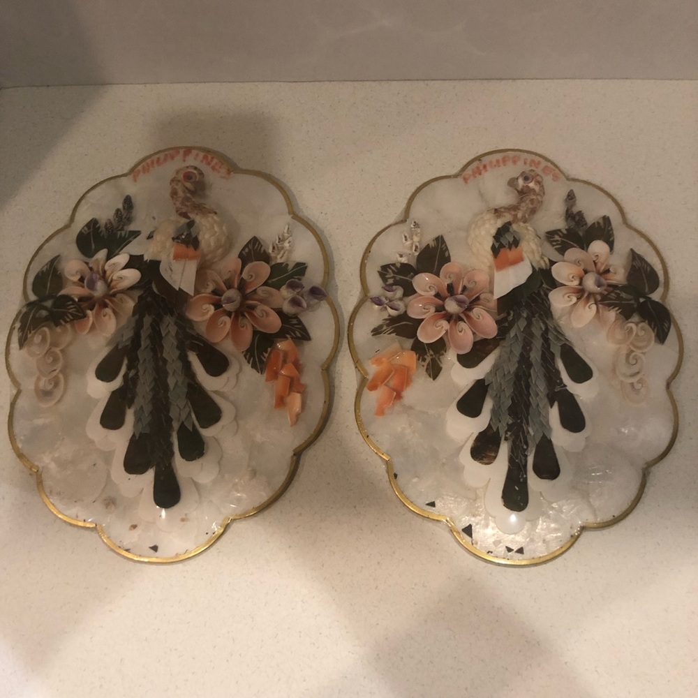 VTG 60s Pair Capiz Shell Art Wall Plaques Original Packaging Made in Philippines